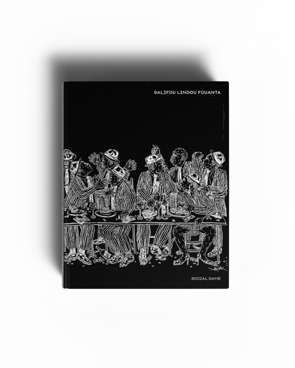 Book with black cover and white illustrations on a white background