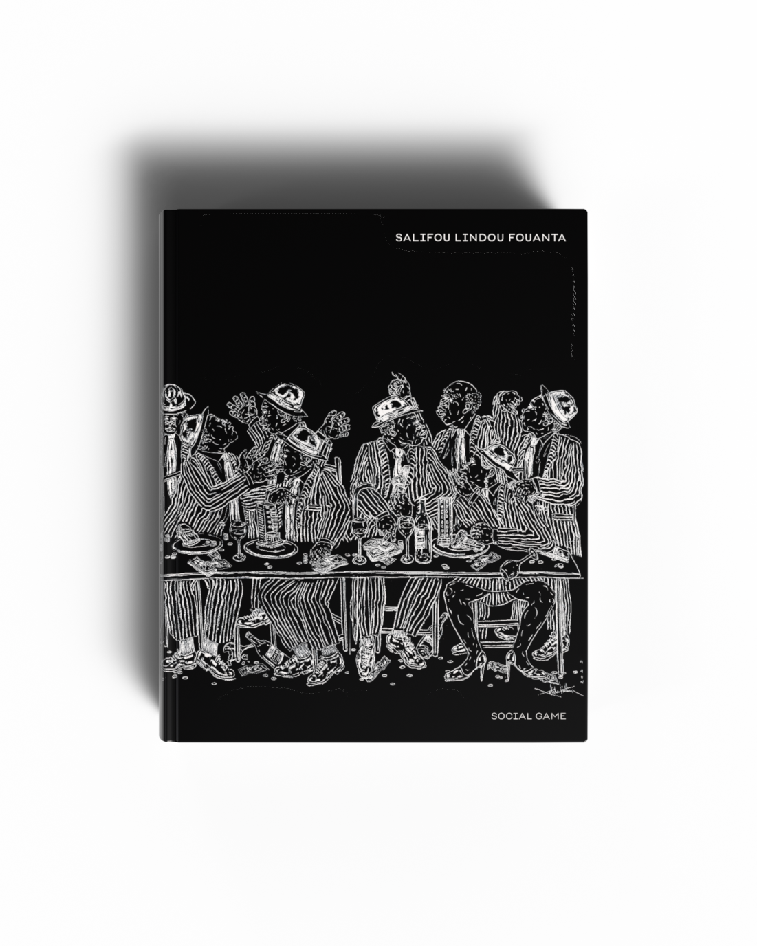 Book with black cover and white illustrations on a white background