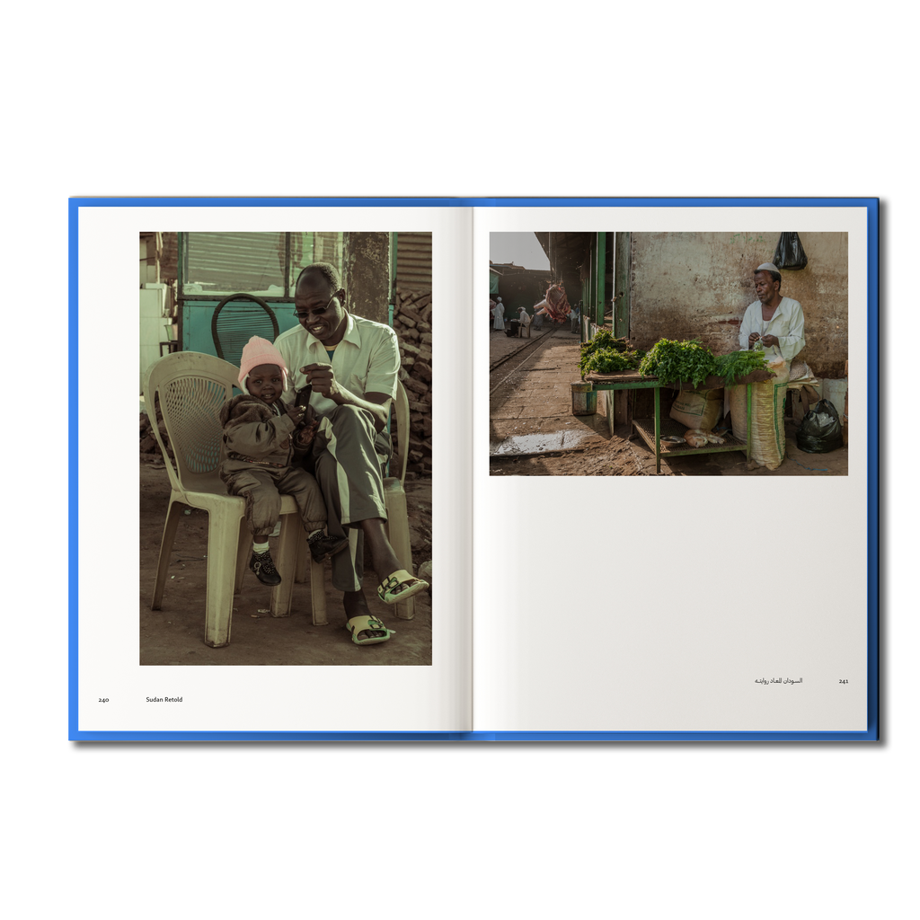 Open book showing two photographs: one of a man and child sitting together, the other of a man working with plants.