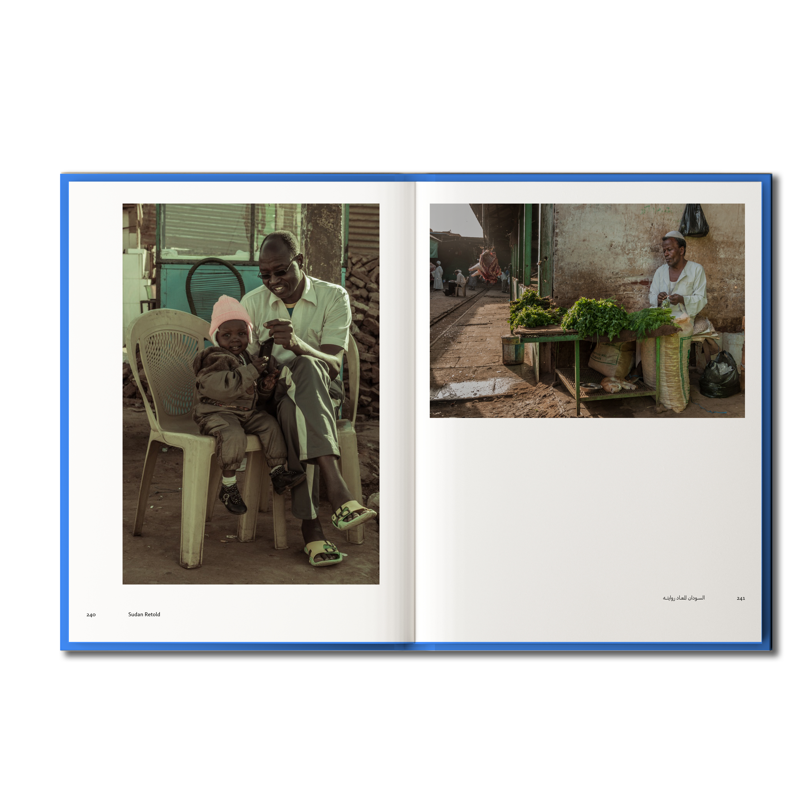 Open book showing two photographs: one of a man and child sitting together, the other of a man working with plants.